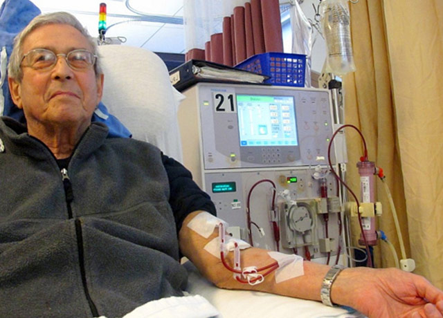 A kidney patient undergoes hemodialysis at a center.