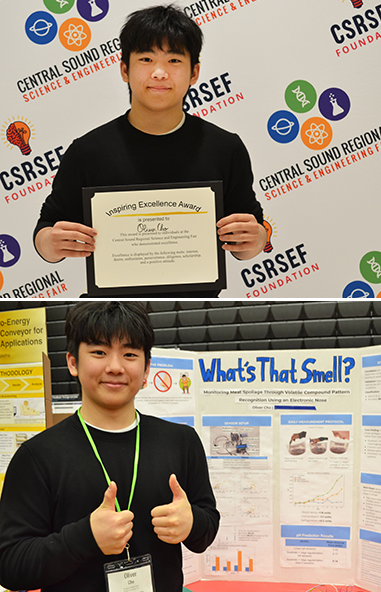 Oliver Cho shown at two science-fair competitions