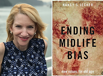 Bioethicist Nancy Jecker and the cover of her book about aging