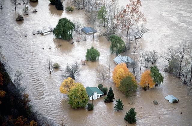 Flooded neighborhood aerial view.