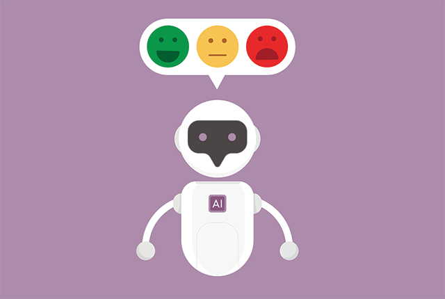 illustration of robot figure suggestion happy, benign and sad responses