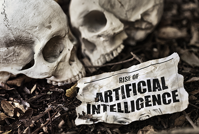 picture of two human skulls beside a sign denoting "artificial itelligence"