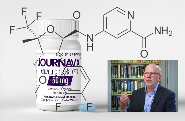 photo collage of suzetrigine pill bottle, chemical diagram and Dr. Brett Stacey of UW Medicine