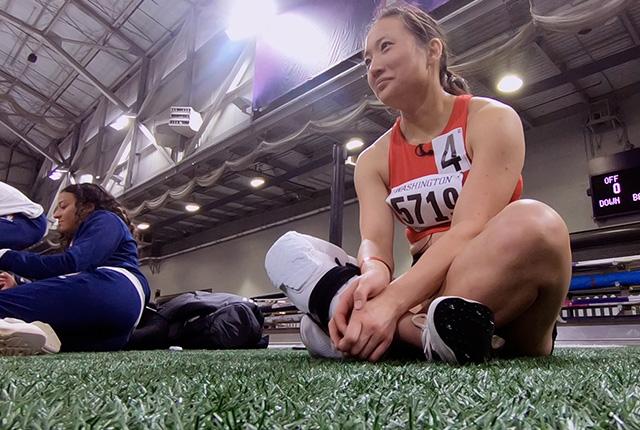 Taylor Swanson prepares to run the 60-meter dash at the Husky Classic.