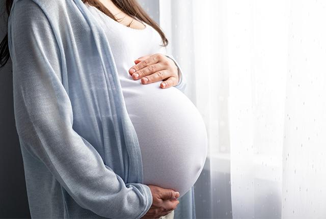 A pregnant woman cradles her abdomen by a window.