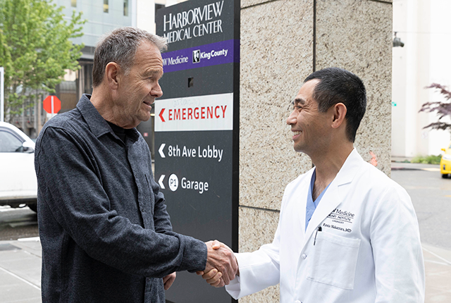 Patient Jan Patterson reunites with Dr. Kenta Nakamura at Harborview Medical Center.
