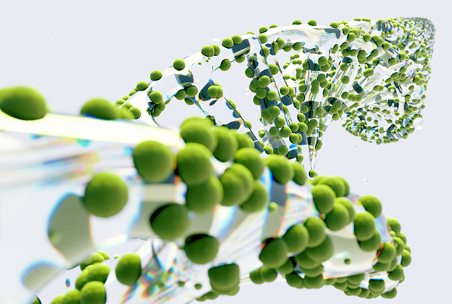 illustration of a transparent DNA helix covered with green organic particles